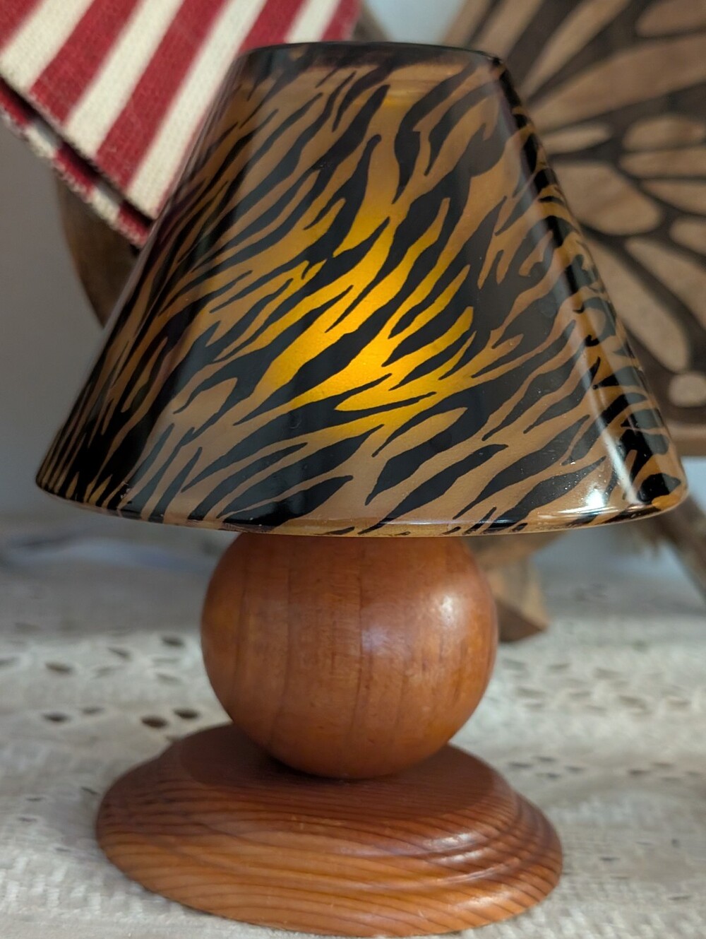 Amber Tiger-Print Tea Light Lamp With Wooden Base